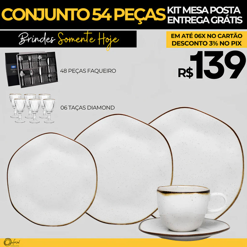 Aparelho de Jantar em Porcelana  Luxo Oxford Conjunto 54 Peças + Brinde 01 Faqueiro