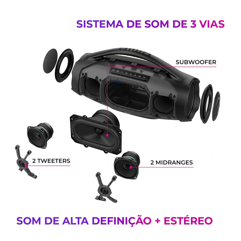 AIWA, Caixa de Som Boombox BBS01, 200W RMS, IP66 com Alça, 30h de Bateria, Bluetooth 5.3,TWS + Bolsa de Brinde