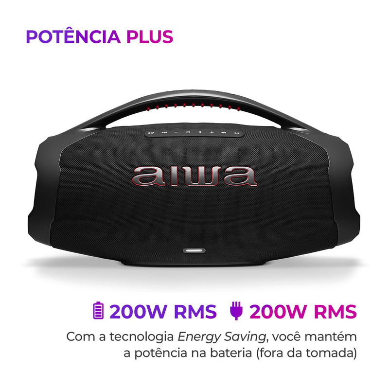 AIWA, Caixa de Som Boombox BBS01, 200W RMS, IP66 com Alça, 30h de Bateria, Bluetooth 5.3,TWS + Bolsa de Brinde
