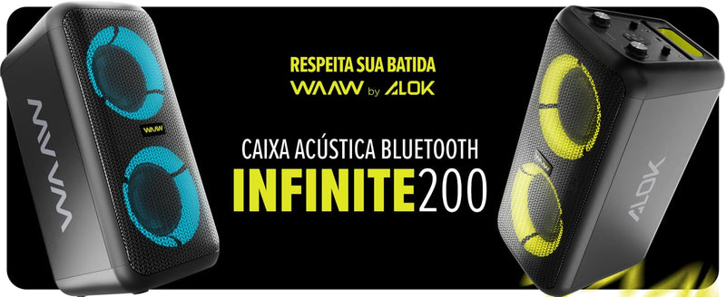 WAAW ALOK Caixa de Som INFINITE 200 Bluetooth, Tipo Torre, 4 Alto-Falantes com LED's Dinâmicos, TWS, 160W RMS + 2 Microfones