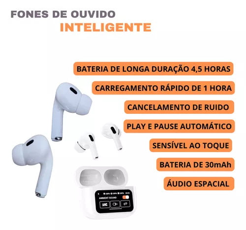 Pague 1 Leve 2 Fones De Ouvido Sem Fio A9 Pro Touch Screen - Tela Led - Cancelamento de Ruído