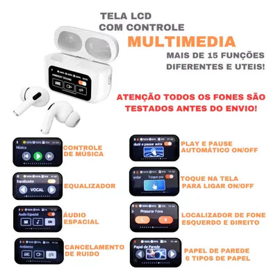 Pague 1 Leve 2 Fones De Ouvido Sem Fio A9 Pro Touch Screen - Tela Led - Cancelamento de Ruído